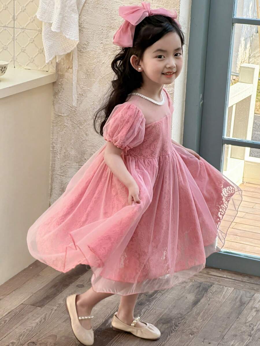DAZY Girls Small Size Lace Mesh Patchwork Short Sleeve Spring/Summer Dress