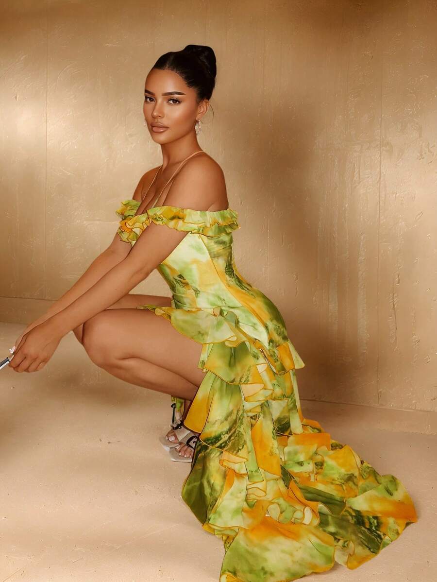 SHEIN SXY Sundress;Summer Cami Yellow &Green Tie-Dye Print Tiered Layer Ruffle Hem High Slit Multicolor Women's Dress