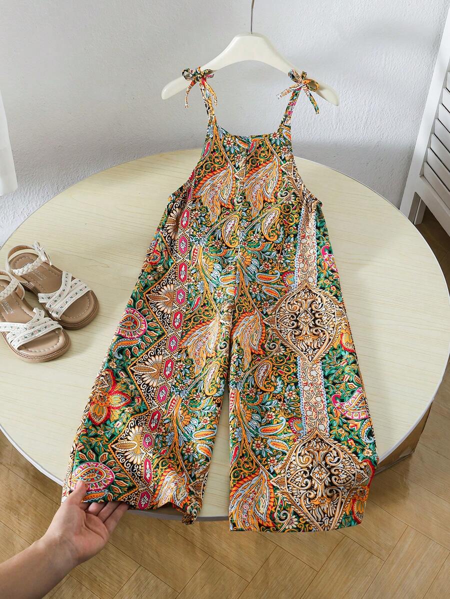 SHEIN Young Girl Paisley Flower Print Wide Leg Loose Jumpsuit