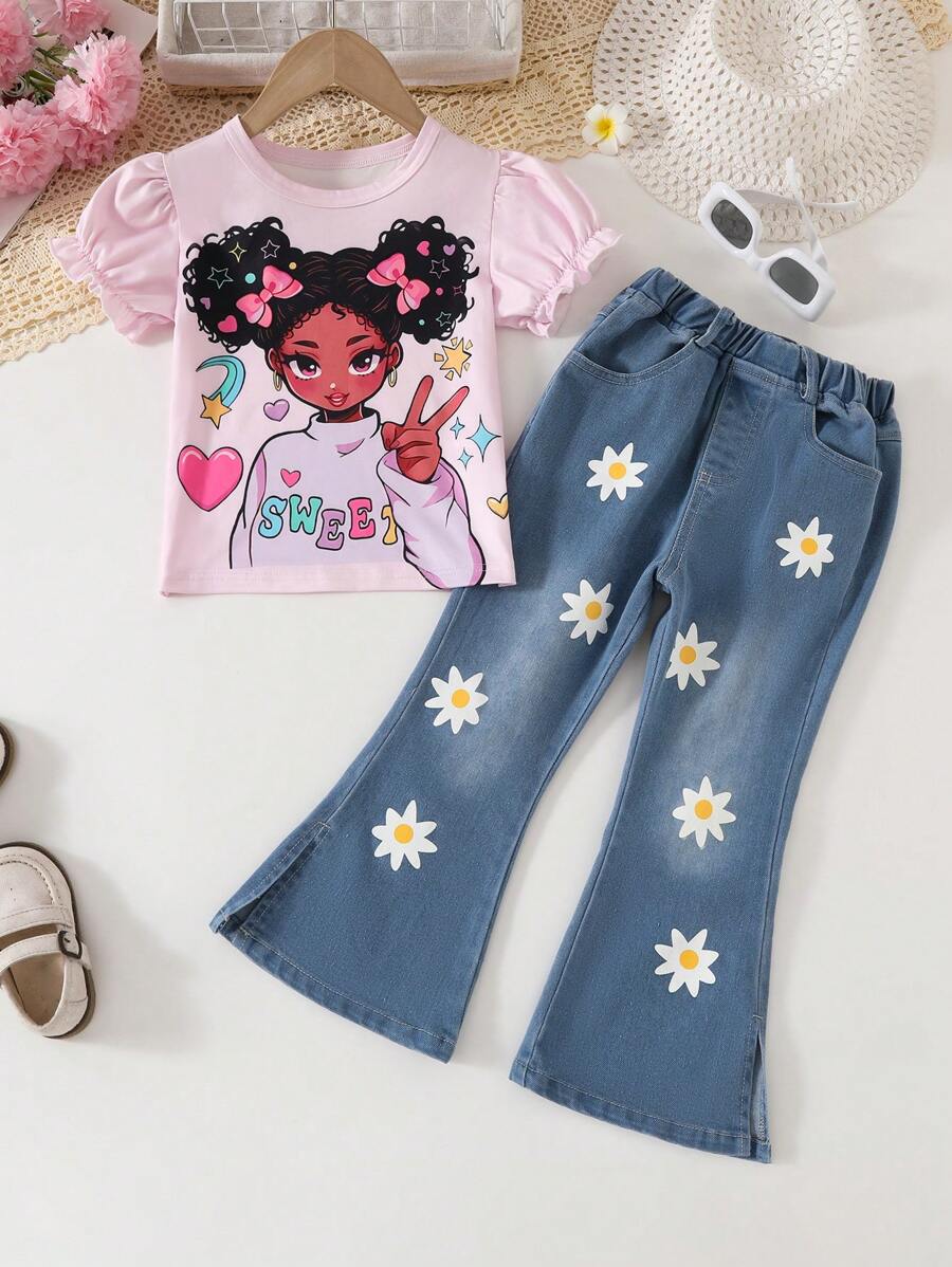 SHEIN Conjunto de camiseta y pantalones casuales minimalista para niña, para uso diario