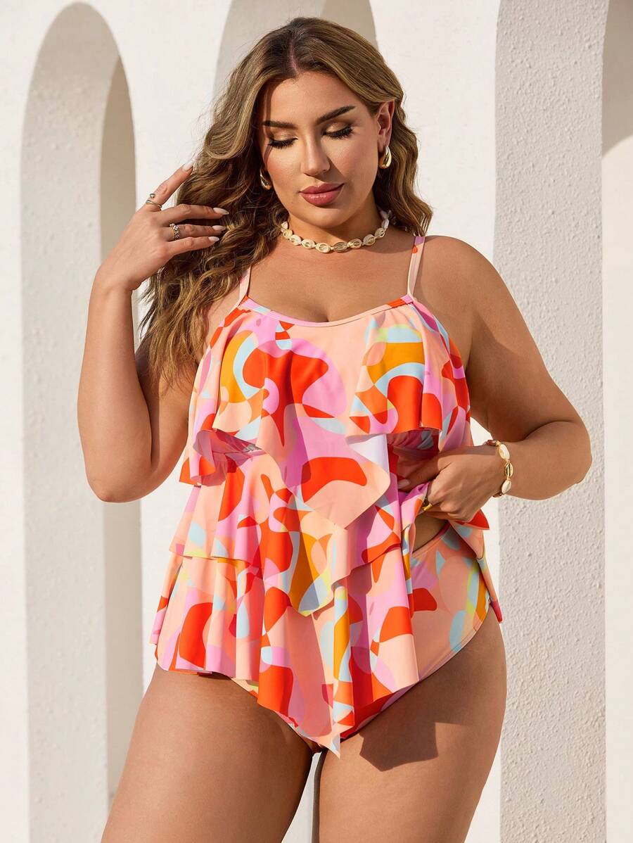 Swim Lushoire Maillot de bain femme grande taille débardeur imprimé géométrique pour vacances