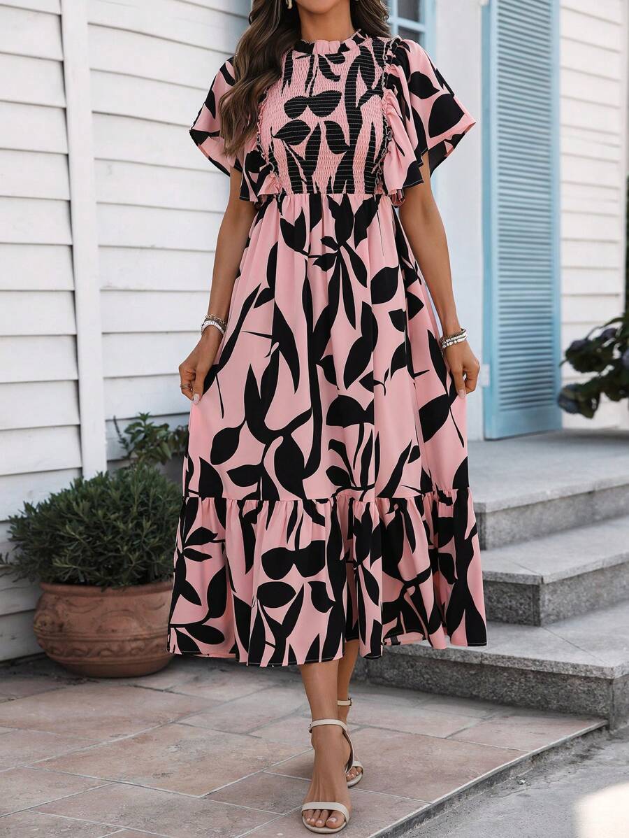 SHEIN Clasi Allover Print Ruffle Sleeve Vacation Beach Dress