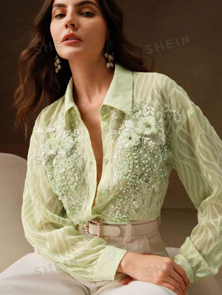 Anewsta Blusa transparente de manga larga, estilo casual, con bordados y cuentas florales, en estilo retro francés, como un conjunto de Año Nuevo