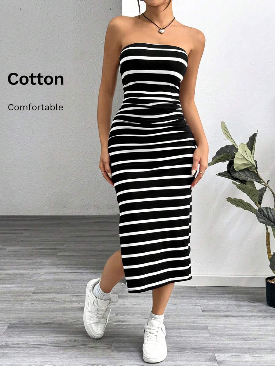 SHEIN EZwear Women Black And White Striped Knitted Strapless Bodycon Dress