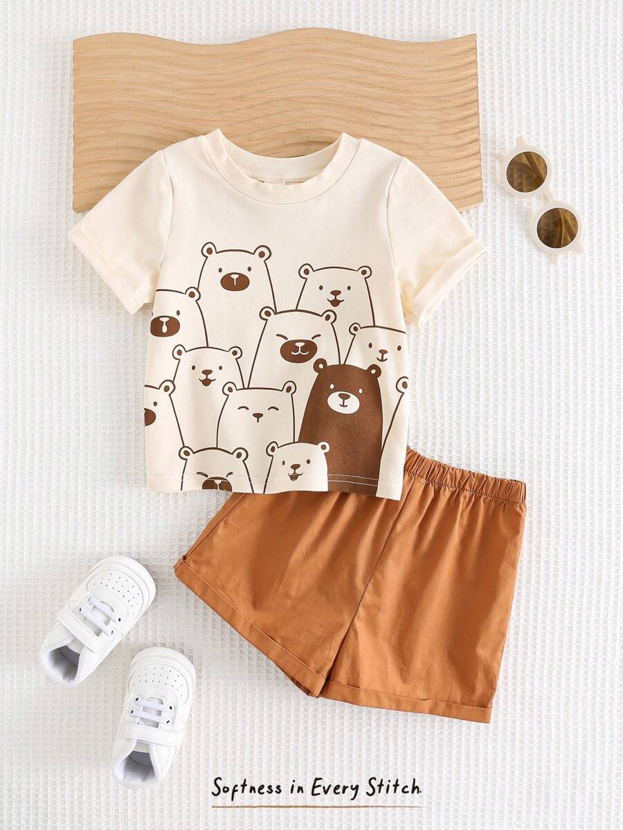 Cozy Pixies 2 stuks Baby Boy Cartoon Bear Patroon Gebreide Zachte Ronde Hals Korte Mouw Pullover Top En Effen Kleur Elastische Taille Shorts Set
