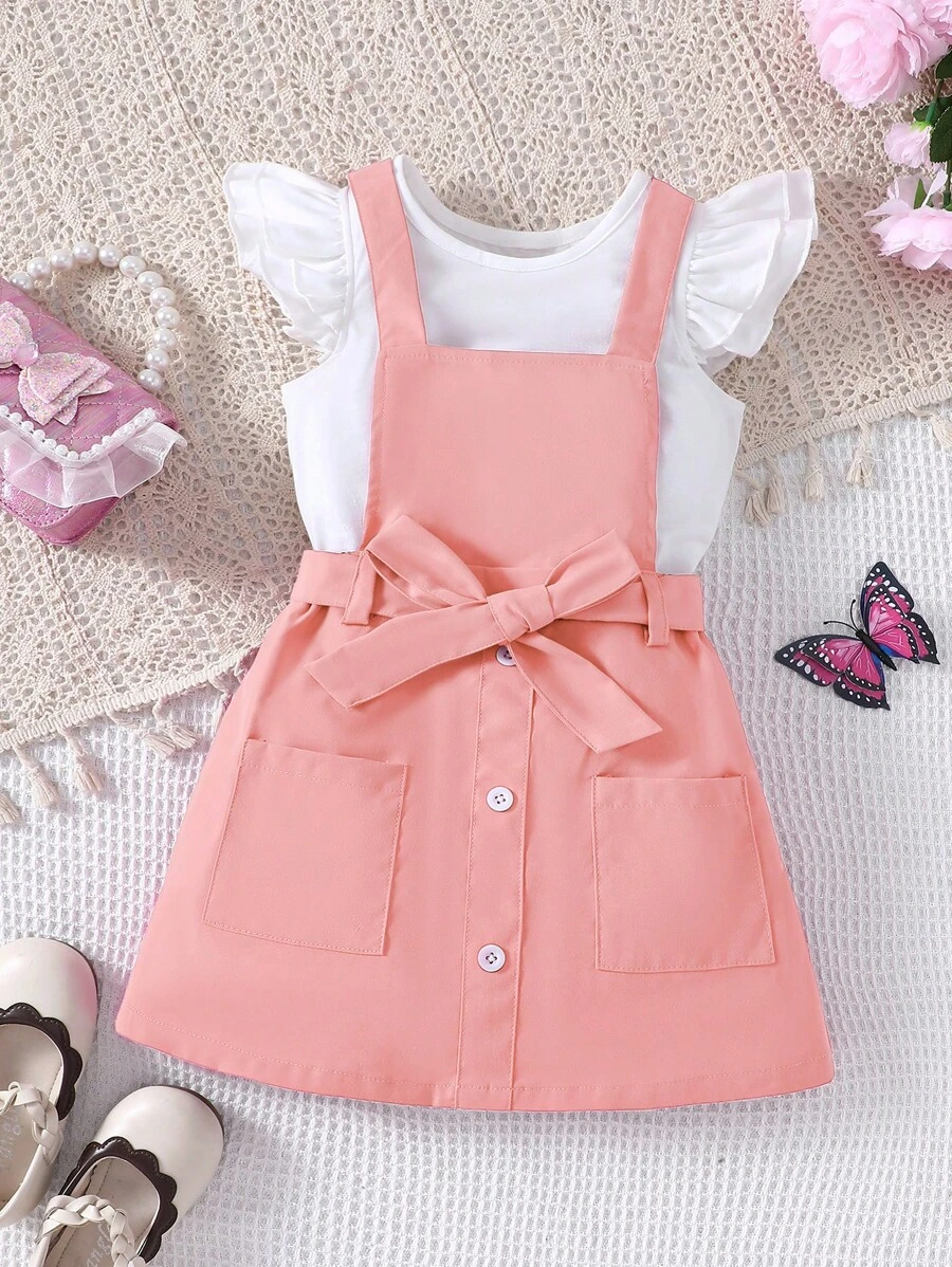 SHEIN Conjunto de 2 piezas para niña con blusa de manga con volantes y vestido tipo jumper con textura, para primavera/verano