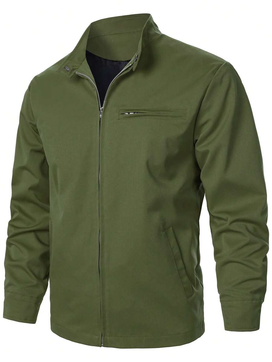Manfinity Homme Men's Solid Color Front Zipper Long Sleeve Pocket Casual Jacket