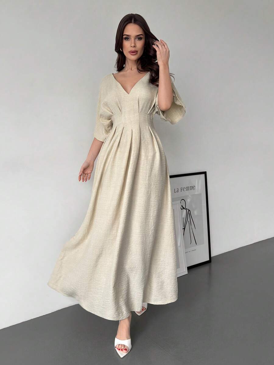 Firerie New Elegant Large Umbrella Skirt Apricot Off-The-Shoulder Short-Sleeved Imitation Linen Pleated Women's Dress Summer Outfits For Women Sundress Vacation Outfits