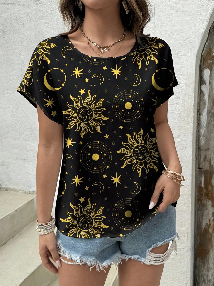 Glamance Carolina Leite Blusas negras para mujeres de manga corta, cuello redondo, casual llano, con estampados de plantas, estampado total, galaxia - Conjuntos de verano para mujeres, blusas de verano para salir