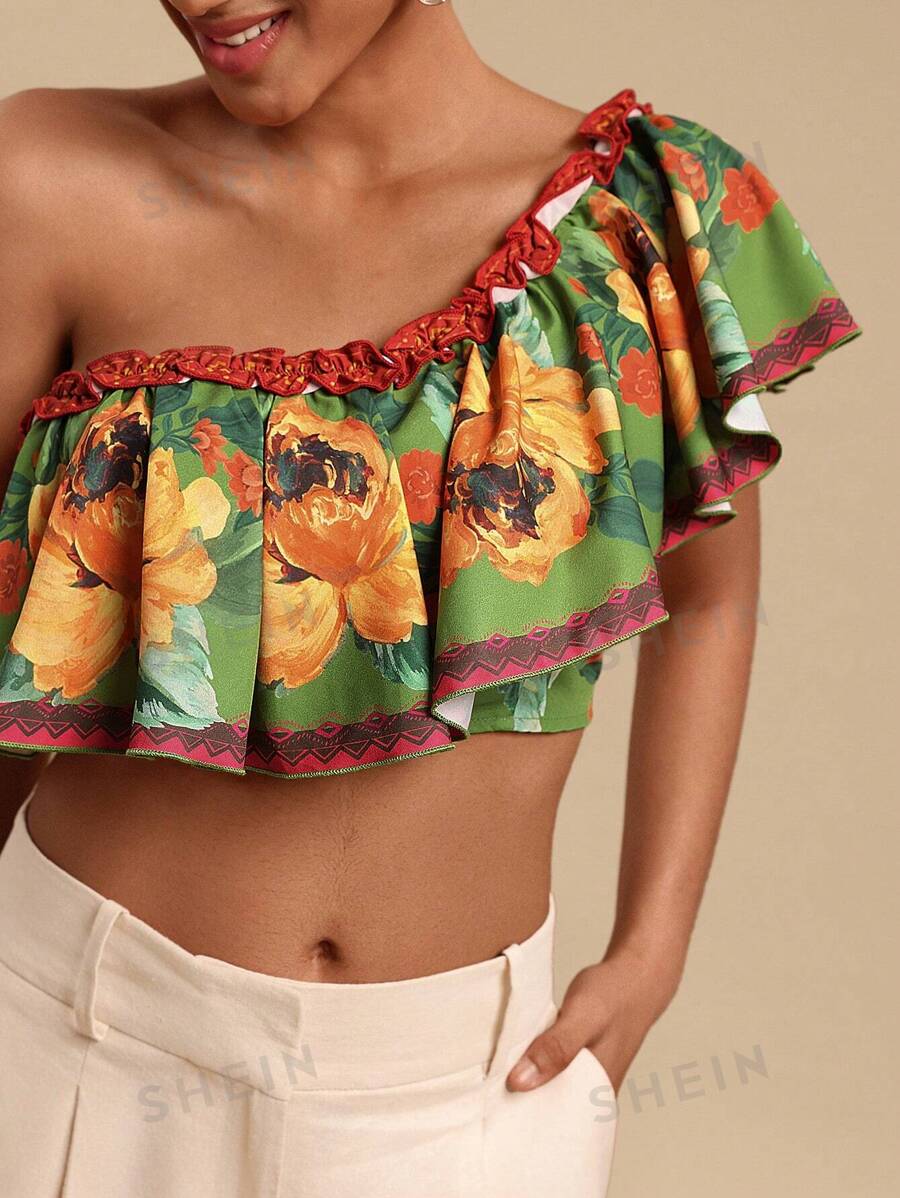 Travachic Blusa casual de vacaciones con cuello asimétrico y estampado floral para mujer, atuendos de verano para mujer, blusas de verano