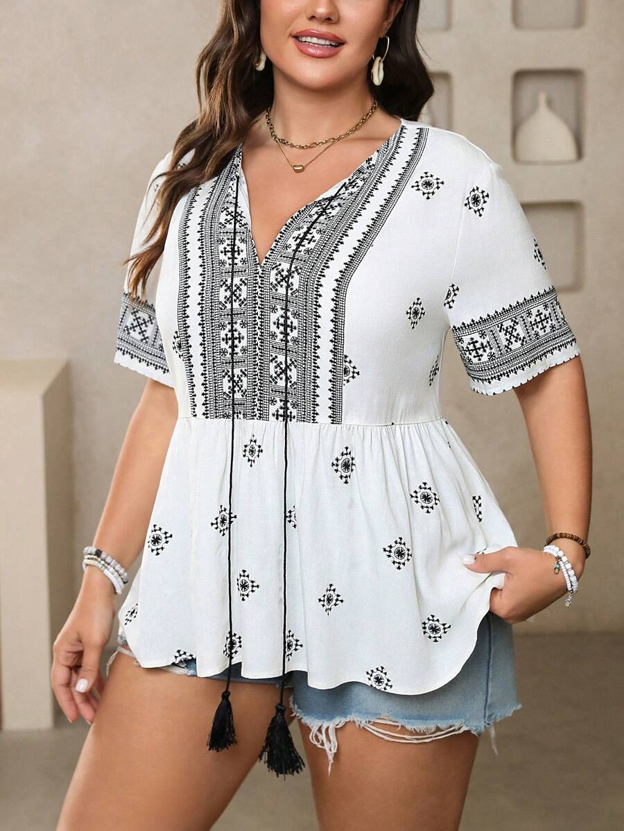 Breezaya Plus Size Front-Tie Short Sleeve Casual Pullover Shirt