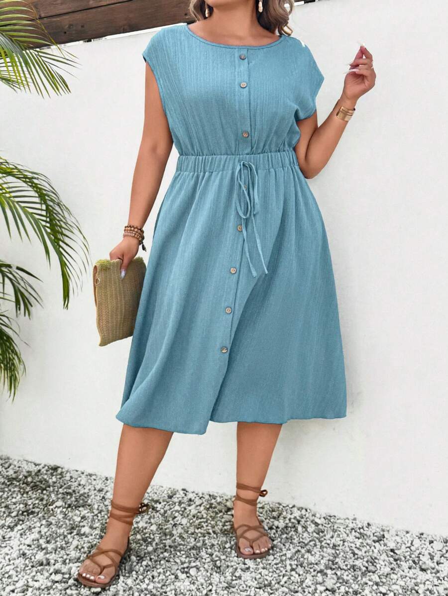 SHEIN LUNE Vestido casual corte A de longitud media con cuello redondo, mangas cortas y cintura con lazo para mujer de talla grande en color liso