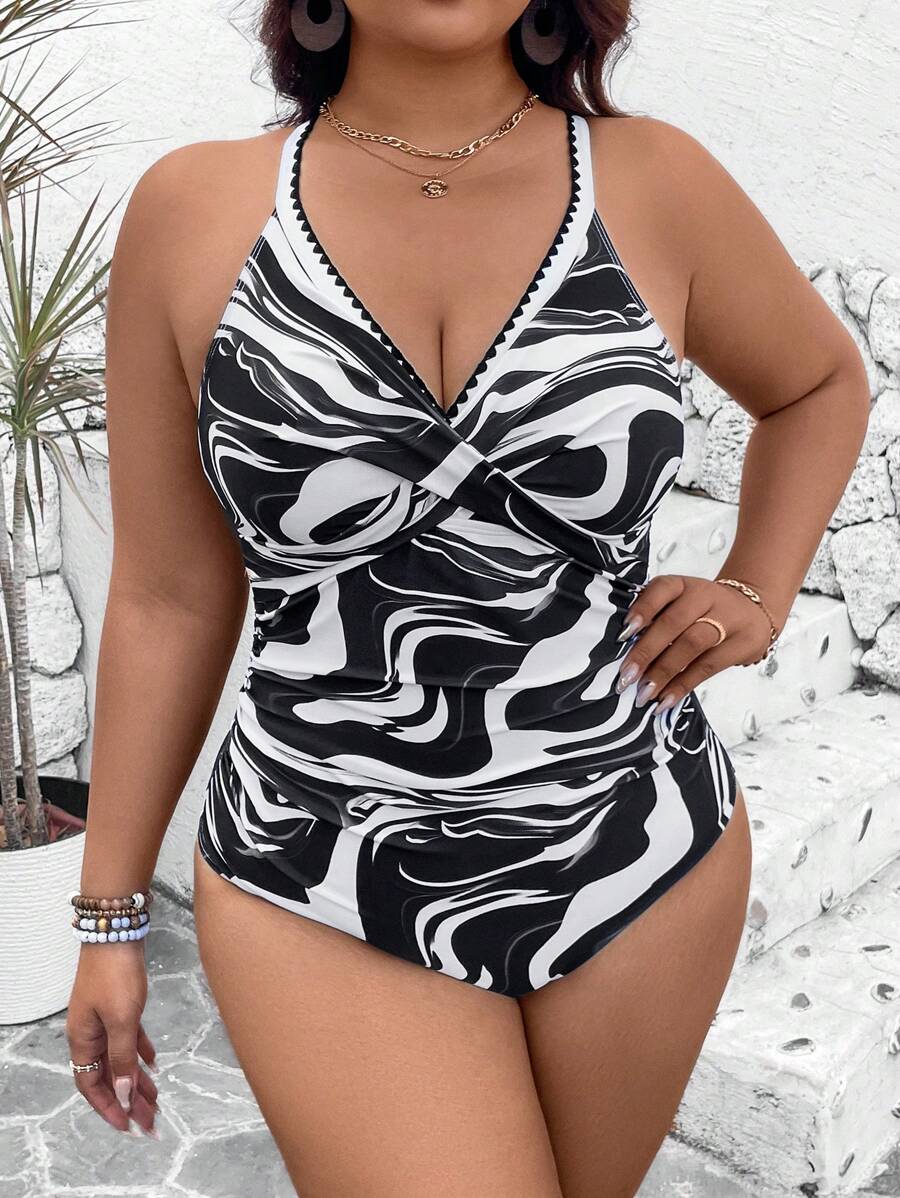 SHEIN Swim Lushore Plus Size Zebra Print Swimsuit