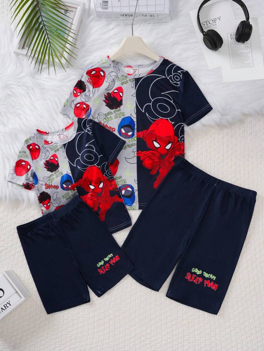 2 pezzi/set Pigiama comodo per ragazzo pre-adolescente, composto da pantaloncini e maglietta a maniche corte con stampa della forma di battaglia super