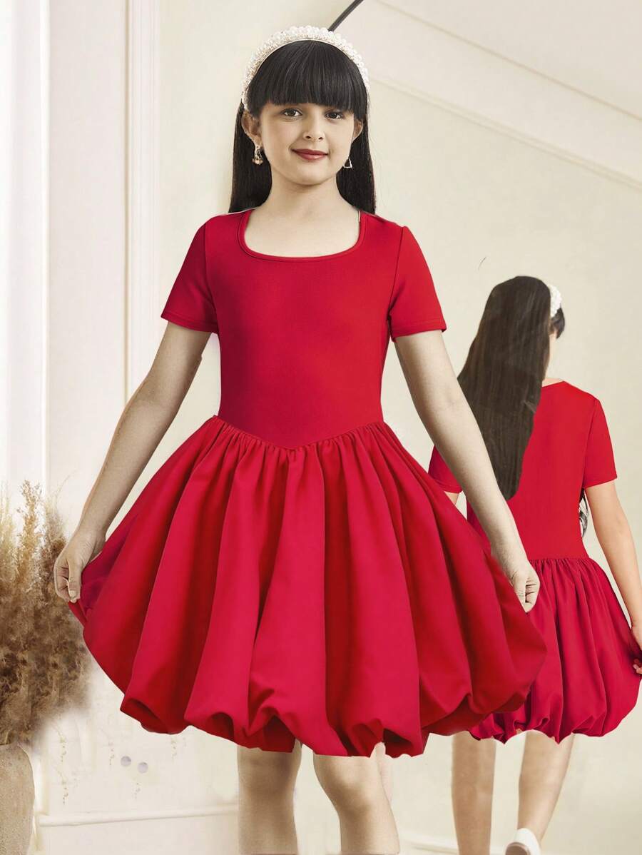 Tween Girls' Casual Patchwork Round Neck Short Sleeve A-Line Dress