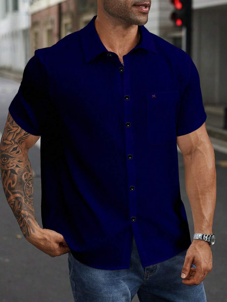 Manfinity Homme Plus Size Men's Casual Versatile Solid Color Shirt, Dark Blue Shirt Men