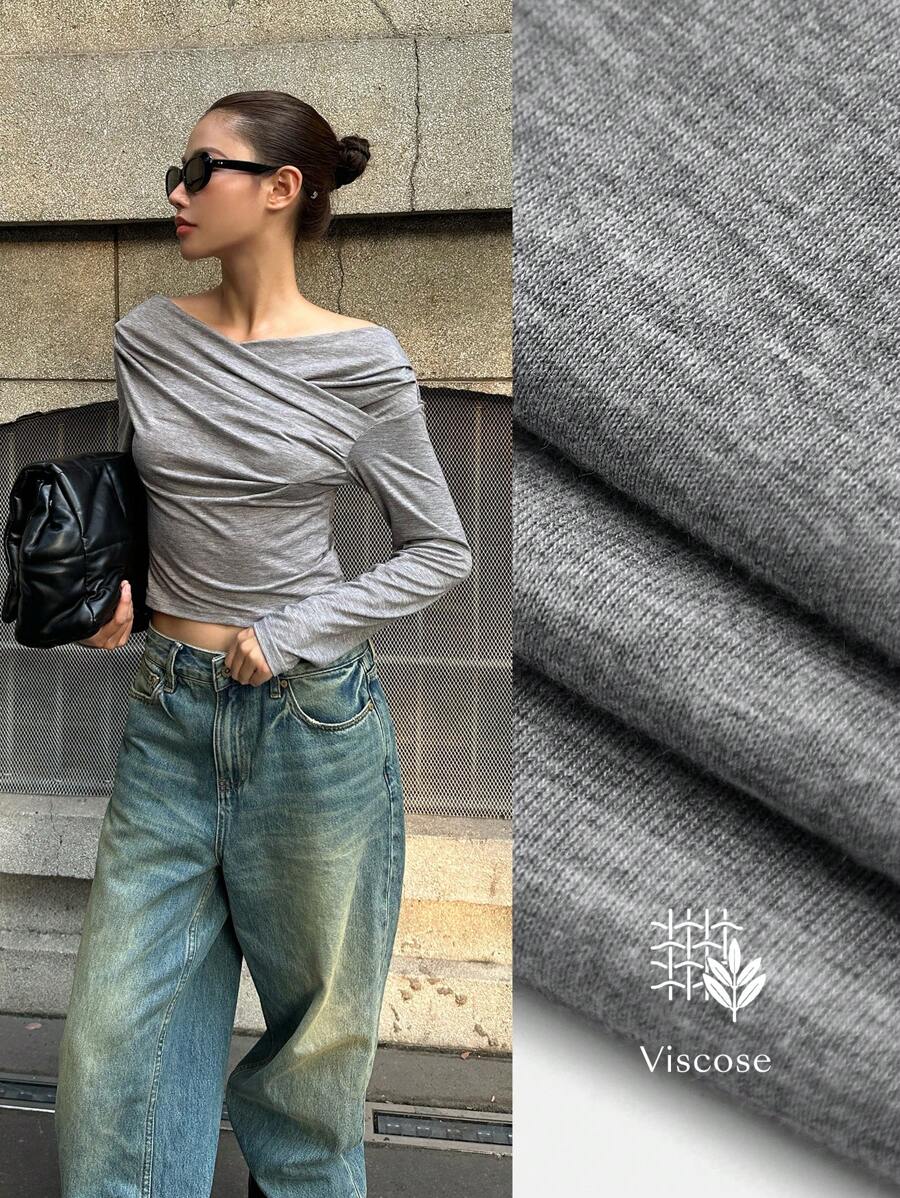 Ontre 2025 New Women's Long Sleeve Solid Grey Crossover Off Shoulder Pleated Fitted Top, Spring/Summer Holiday Clothing, Valentine's Day