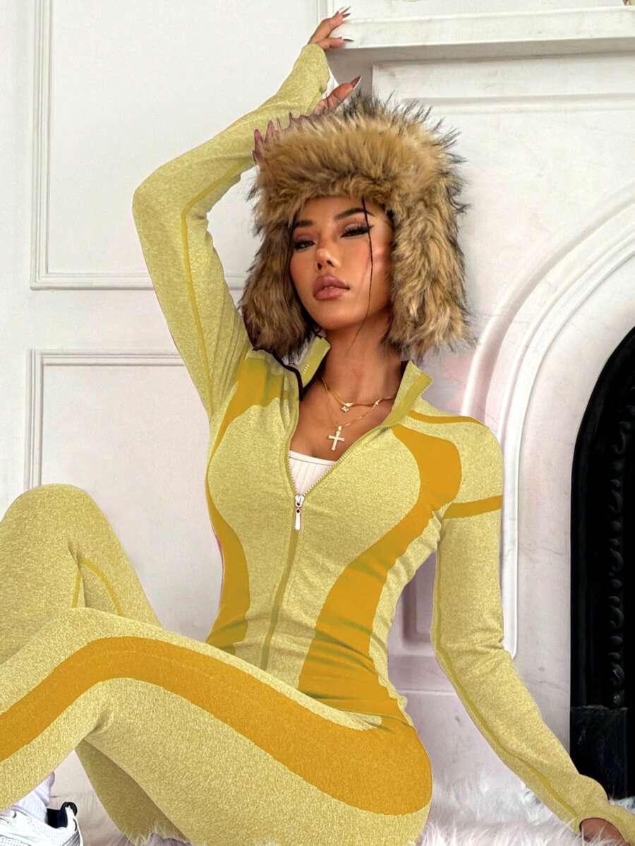 SHEIN Sport Studio Women's Contrast Color Long Sleeve Zipper Jacket And Pants Sports Suit Women Outfit Sets