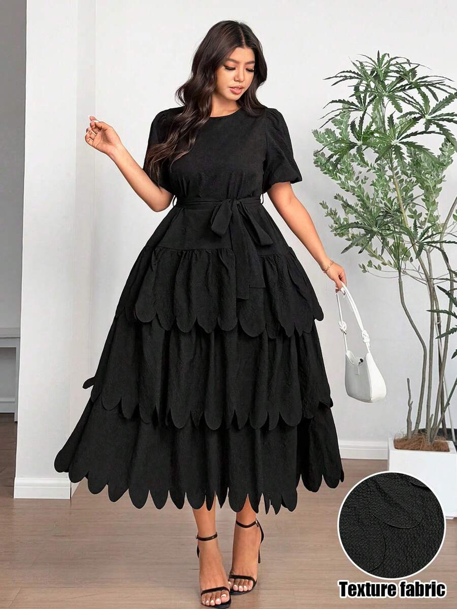 Celure Plus Size Women Puff Sleeve Ruffle Hem Tie-Waist Solid Color Long Dress, Vacation Style, Romantic,Elegant,Wedding Dress