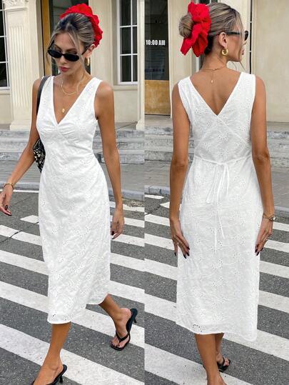SHEIN Frenchy French Resort Slim Waist V-Neck Sleeveless Hollow Embroidery Dress Wedding Dress Ladies Summer Dress Elegant Resort Dress Ladies Spring Dress Ladies Summer Dress