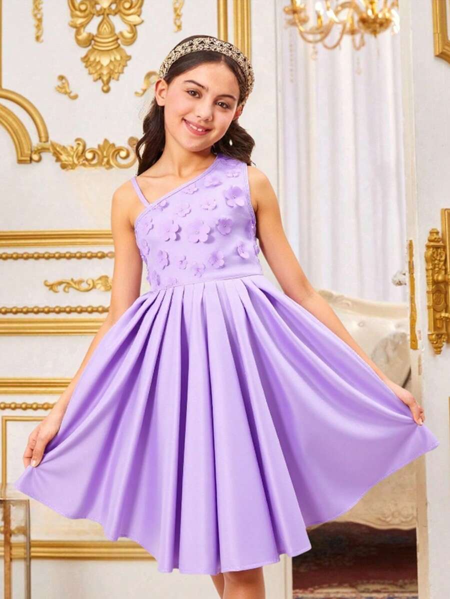 SHEIN Langer Kleid für Tween-Mädchen mit lila Stickerei und Tüll Dekor, elegantes Sommeroutfit für Partys