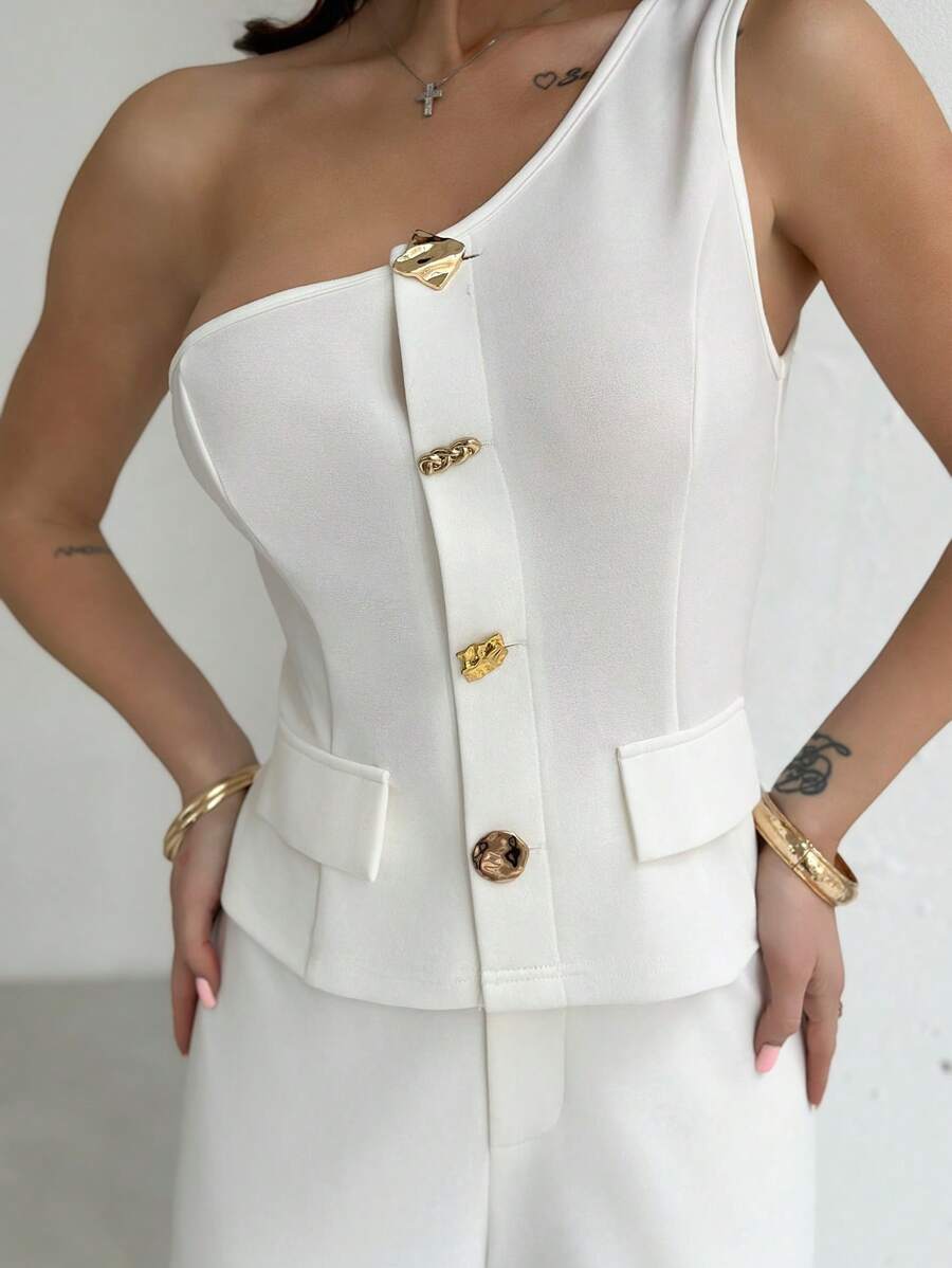 SHEIN Privé Conjunto de dos piezas elegante, romántico y sexy de estilo oficinista para mujeres: Blusa con hombros descubiertos blanca + Pantalones de corte holgado. Ideal para ocasiones como el Día del Maestro, fiestas, vacaciones, regreso a la escuela, citas románticas y bodas.