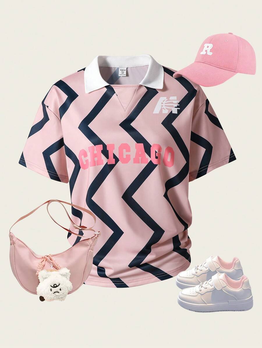 T-shirt graphique décontracté d'été pour adolescentes avec lettres en zigzag et effet blocs de couleurs