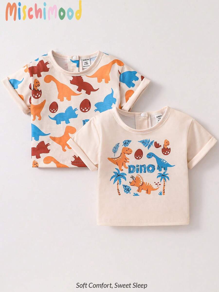 2pcs Toddler Boys Cute Dinosaur Graphic Khaki Short Sleeve T-Shirt