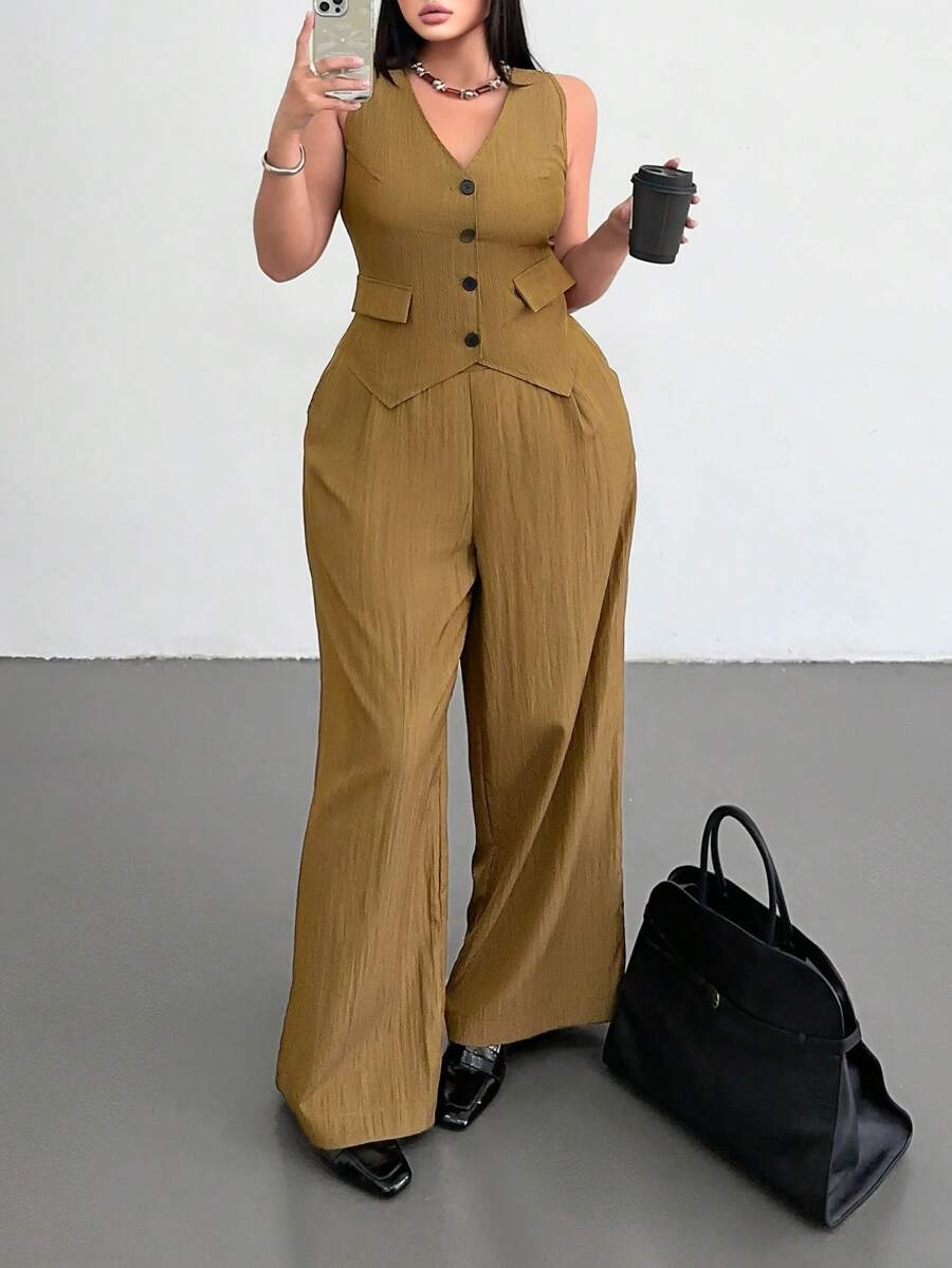 Flirla Plus Size Spring/Summer Solid Color Vintage Inspired Relaxed Versatile Vest Top And Wide Leg Cargo Pocket Pants 2Pcs Set, Suitable For Vacation And Daily Wear