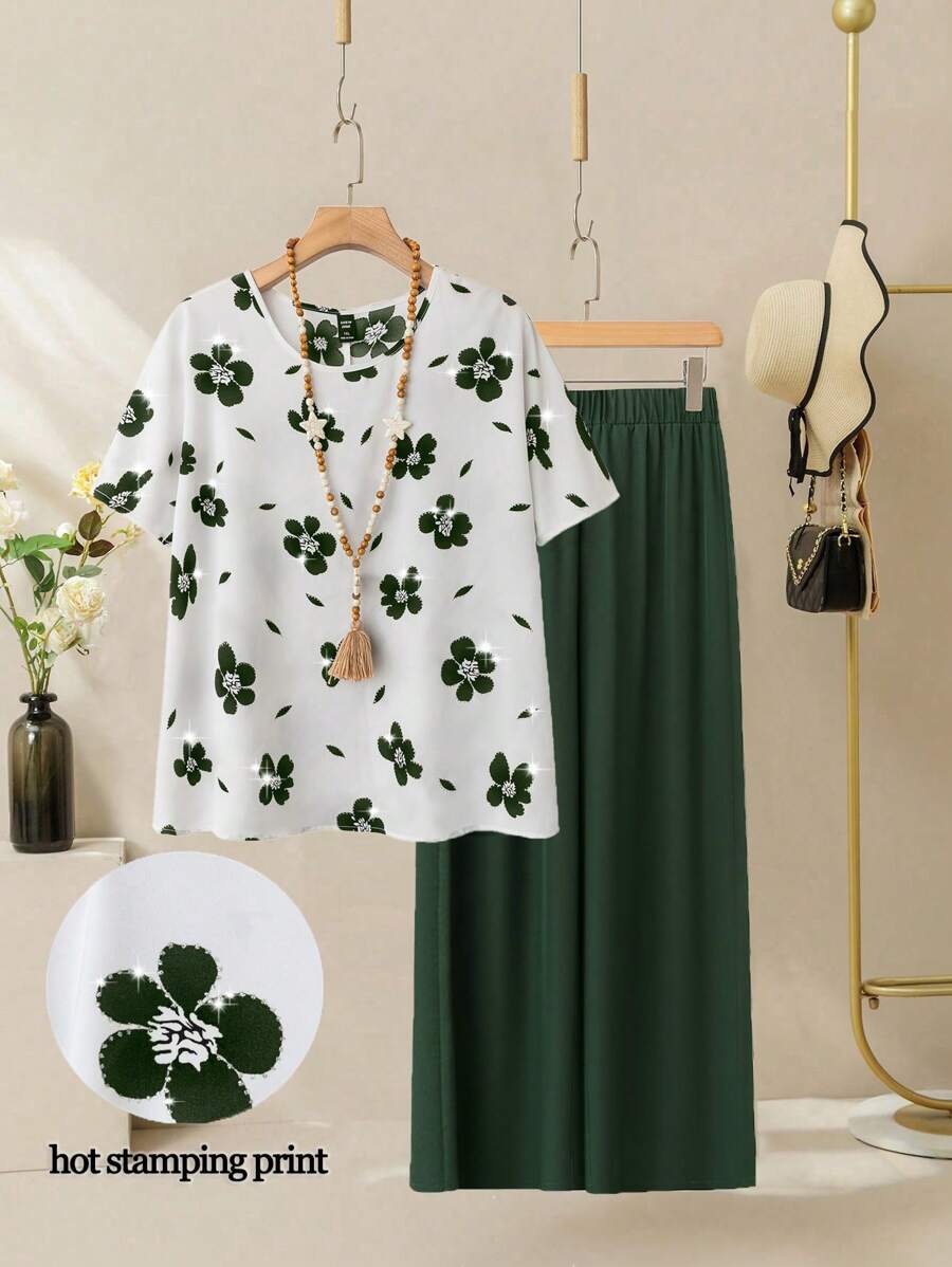 EMERY ROSE Conjunto de 2 piezas de ropa casual de talla grande para mujer con camiseta de cuello redondo con estampado floral y rhinestones + pantalón de pierna ancha de tejido liso