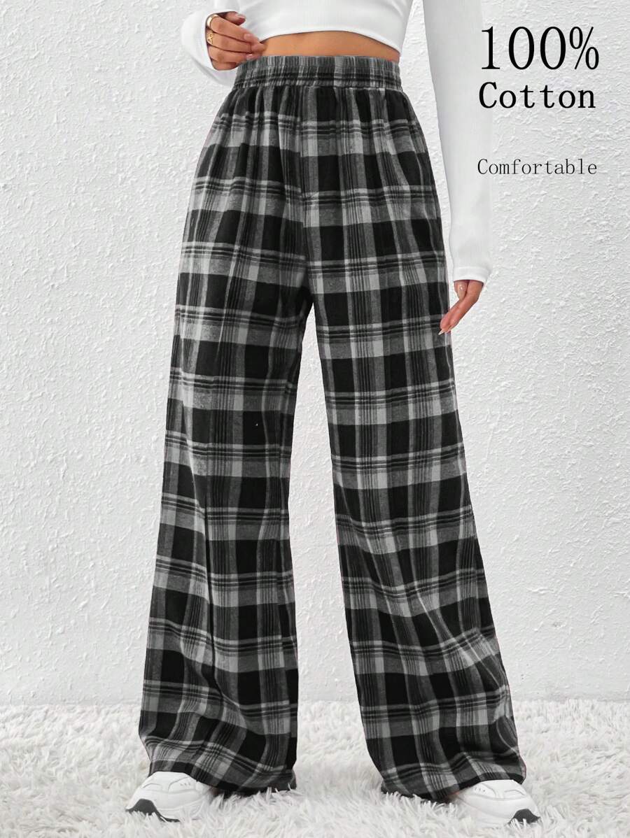 SHEIN LUNE Pantalones holgados de cintura elástica a cuadros para mujer