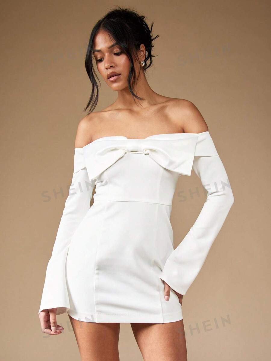 MISSGUIDED Vestido mini con hombros descubiertos, lazo delantero, mangas acampanadas largas, ajustado, para fiestas, salidas nocturnas, ocasiones especiales, de moda moderna, para otoño e invierno