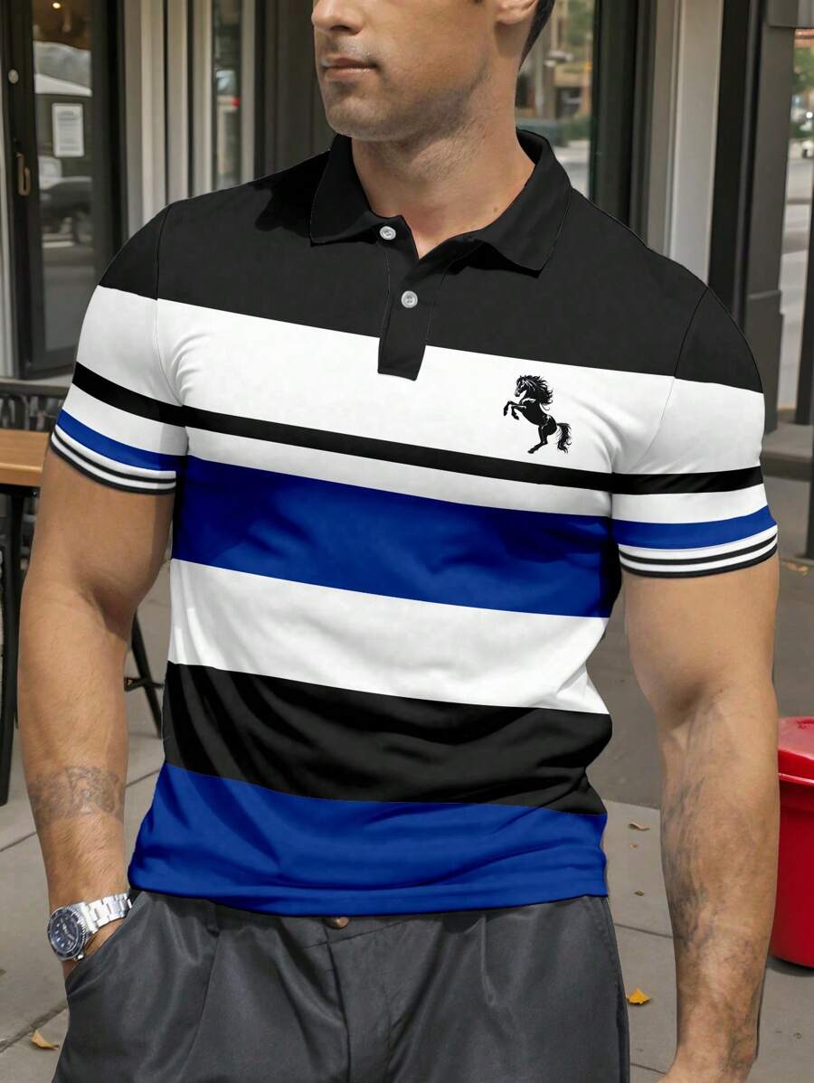 Manfinity Dauomo Camisa polo de manga corta casual y de viaje con rayas de caballero para hombres