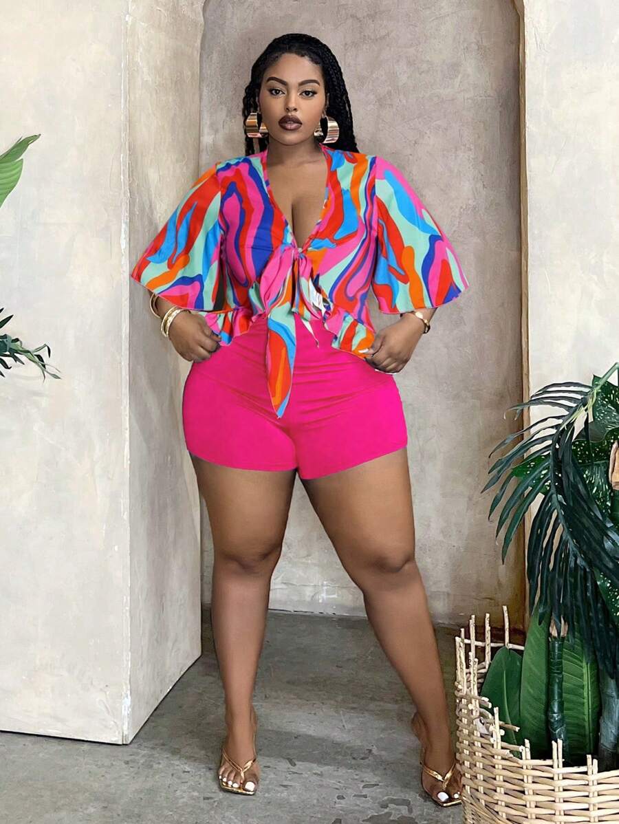 Slaydiva 2 stuks/set 2025 lente/zomer nieuwe crop top met strik op de borst en effen gekleurde op maat gemaakte fuchsia shorts, plus size vakantie-outfit