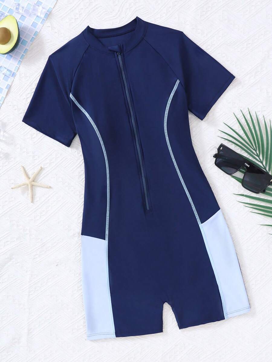 SHEIN Traje de baño de una pieza con bloque de color y cuello halter tejido para niña adolescente