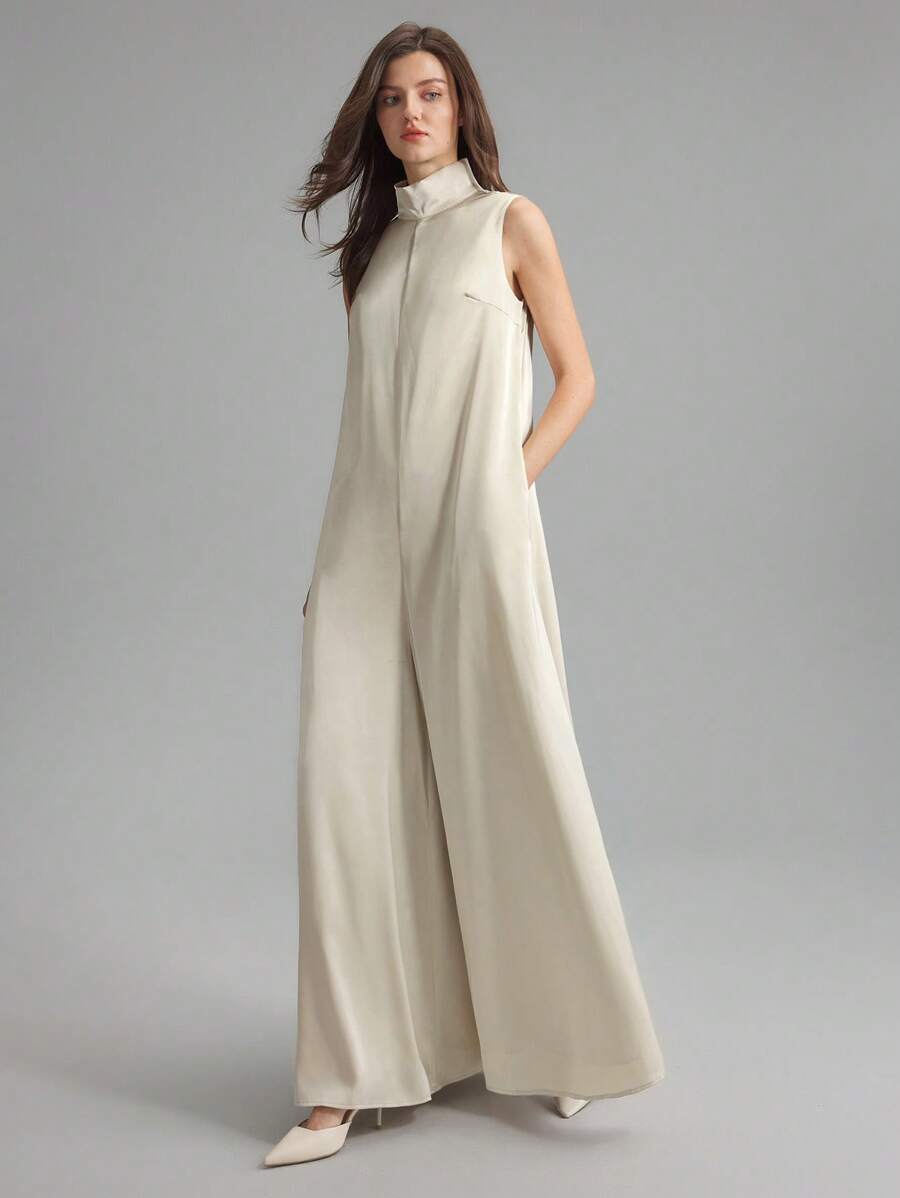Ontre Women's Minimalist Daily Wear Champagne Sleeveless Wide Leg Jumpsuit, V-Neck Summer Outfit; Women's Minimalist Daily Wear Ivory Sleeveless Wide Leg Jumpsuit, V-Neck Summer Outfit