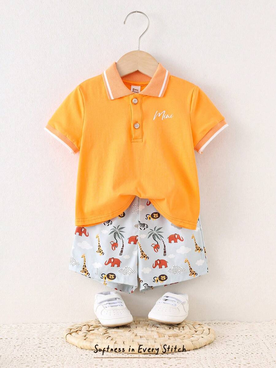 Cozy Pixies 2pcs Baby Boy Set: Letter Pattern Soft Knit Polo Collar Snap Button Short Sleeve Top And Elastic Waist Shorts