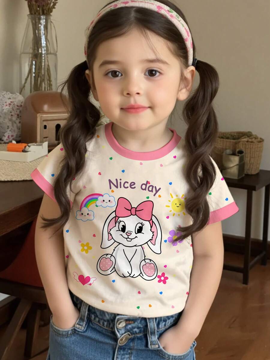 SHEIN Camiseta de manga corta y cuello redondo informal con estampado de conejo de dibujos animados, adecuada para el verano