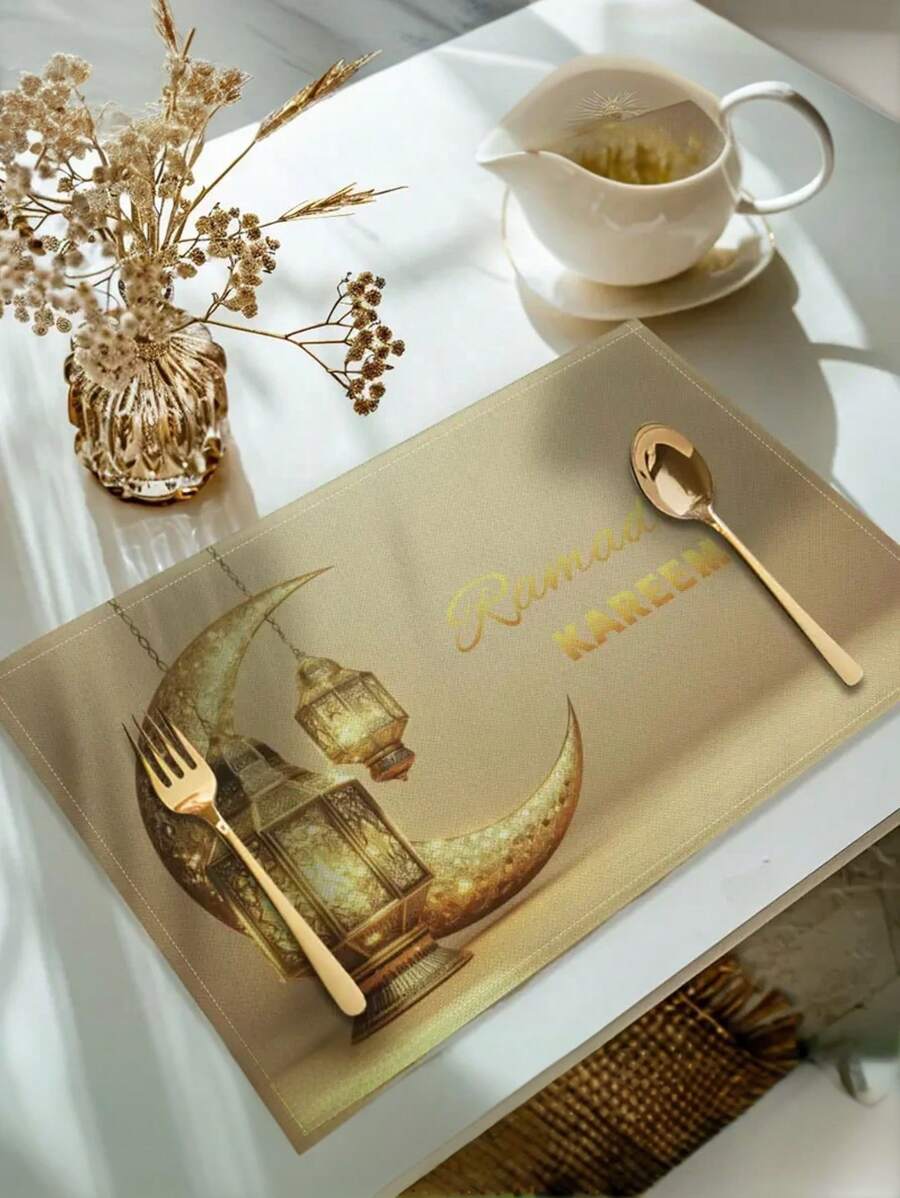 1/4/6/8 stuks Suige Home Elegante Ramadan Placemats Set - Gouden Halve Maan & Lantaarn Ontwerp, Machine Wasbare Rechthoekige Tafelmatten Voor Feestelijke Eetkamerdecoratie, Ramadan Decoratie