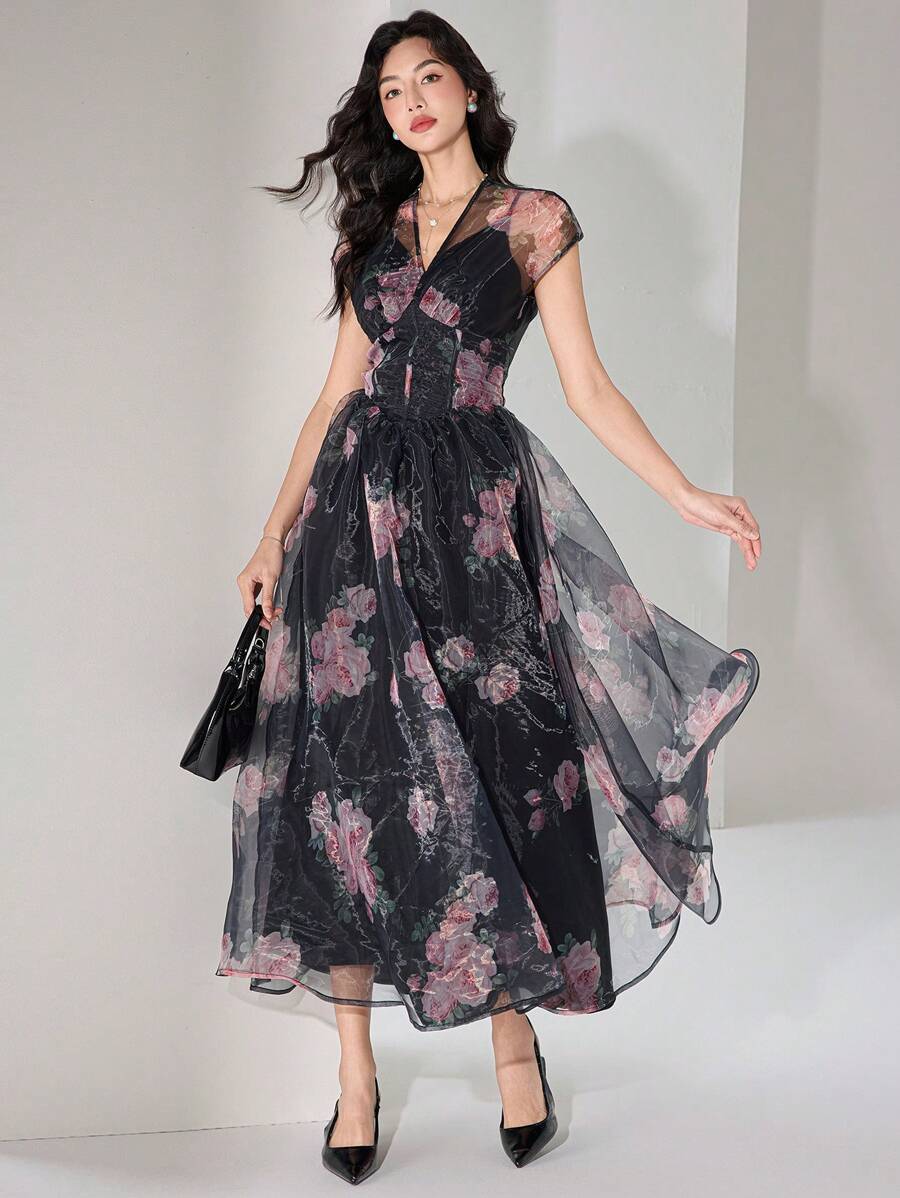Heiryn Women's Floral Print Mesh Puff Sleeve Waist Fitted Elegant Dress