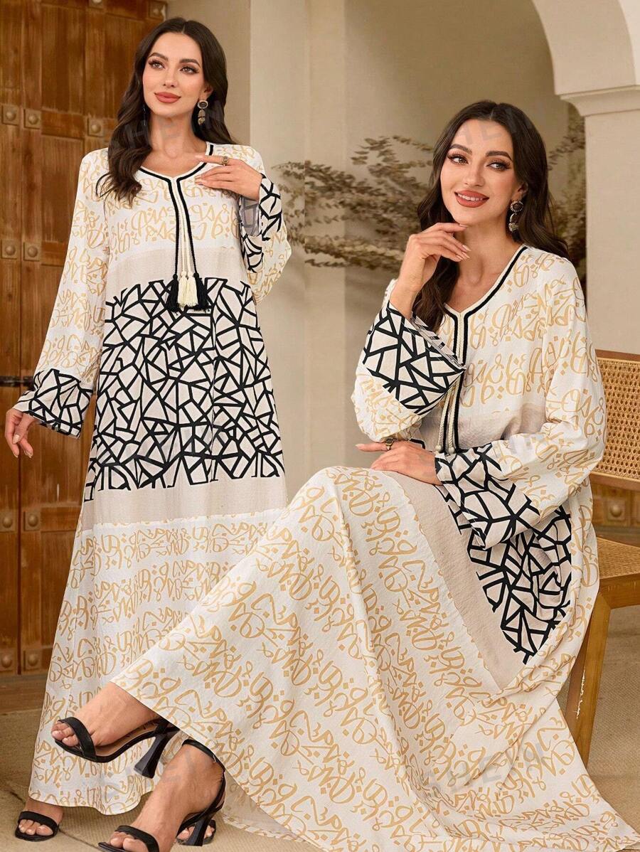 Al Najma Vestido largo informal de estilo árabe con mangas largas, diseño de unicolor con parches y decoración de borlas