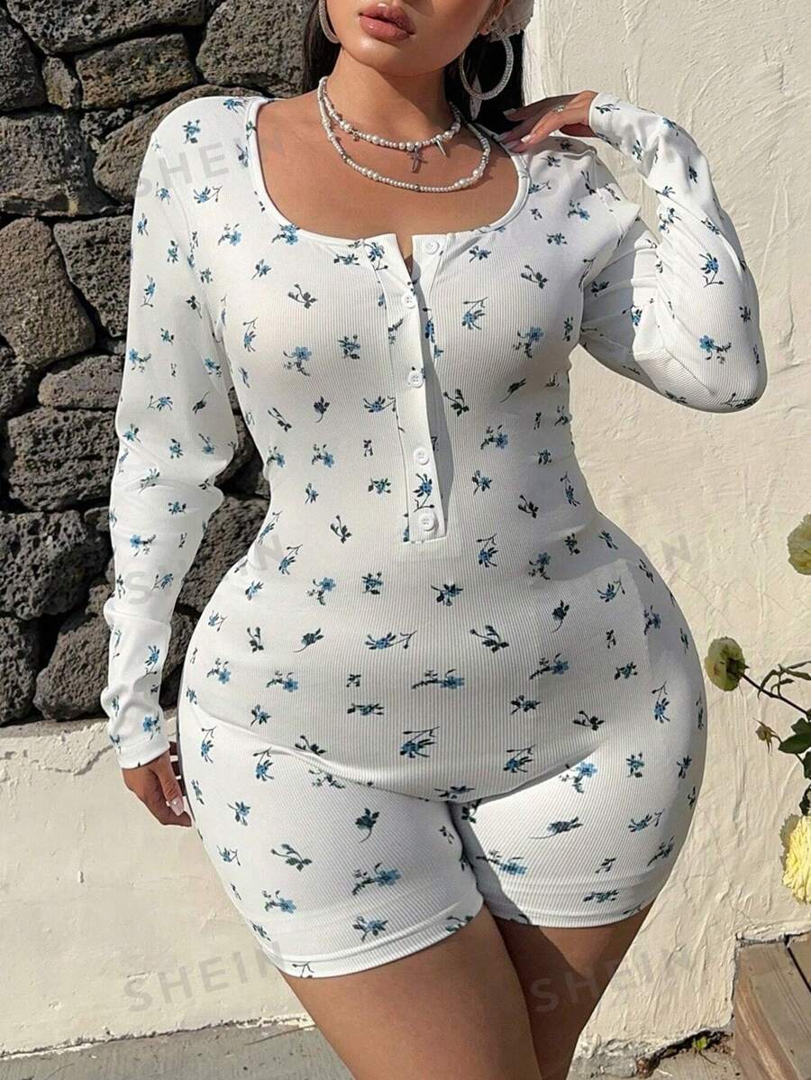 POPSWAY Mono elegante casual con cuello redondo, apertura frontal y manga larga con estampado floral diminuto, adecuado para vacaciones, talla grande mujer