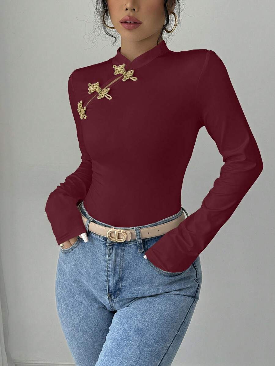 Elenzga Camiseta gráfica de manga larga con cuello de cheongsam y decoración de botones chinos, elegante para mujer, ideal para outfits de primavera