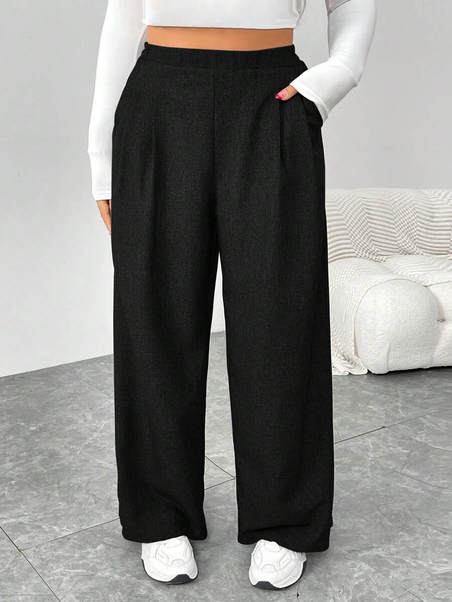 SHEIN Essnce Plus Size Women's Spring And Summer Fashion Casual Loose Daily Comfortable Retro Black Elastic Waist Wide Leg Pants,Women Bottom,Work Pants,Fall,Old Money,Vintage Pants