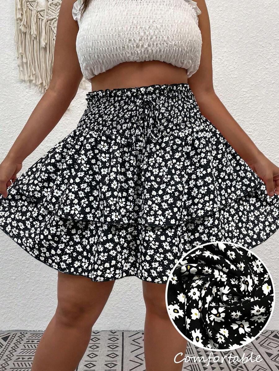 Breezaya Falda acampanada negra y blanca de talla grande con diseño de doble capa y cordón en la cintura, estilo versátil casual/vacacional, de tela floral, adecuada para primavera, verano y otoño