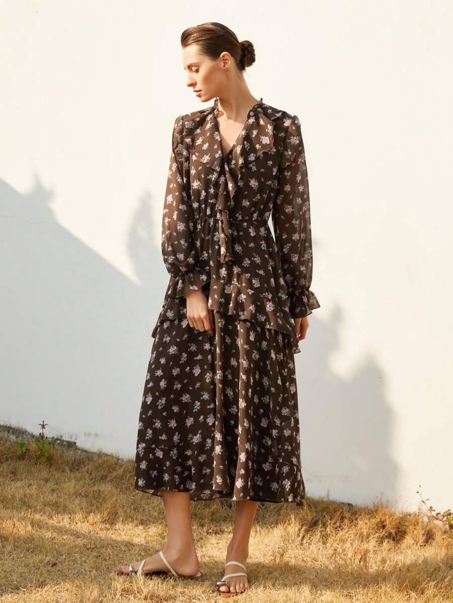 Aveloria Modichic Fashionable Ditsy Floral V-Neck Ruffled Waist Long Sleeve Dress With Elastic Cuffs, Brown Base With Pink Flowers