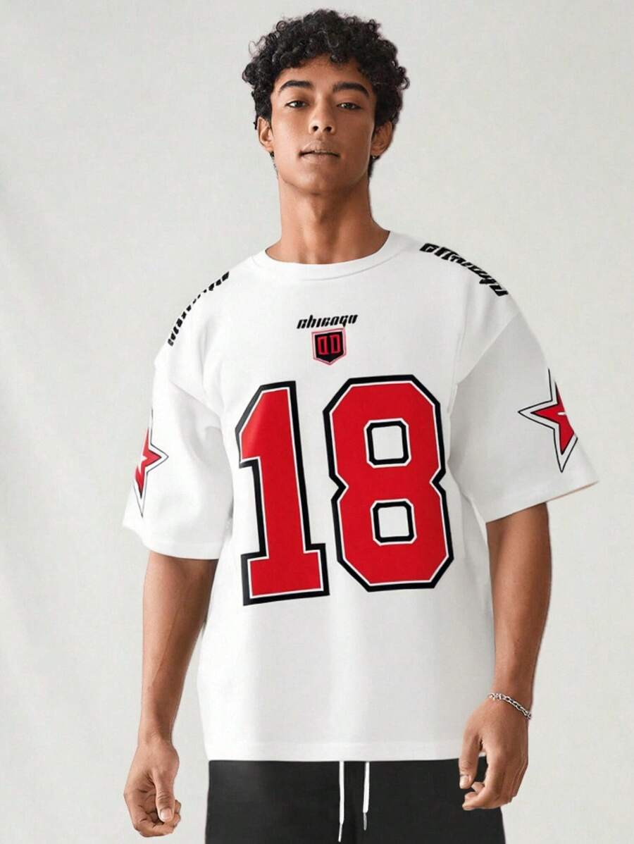 SHEIN Teen Boys' Sporty Numeric Printed Short Sleeve T-Shirt