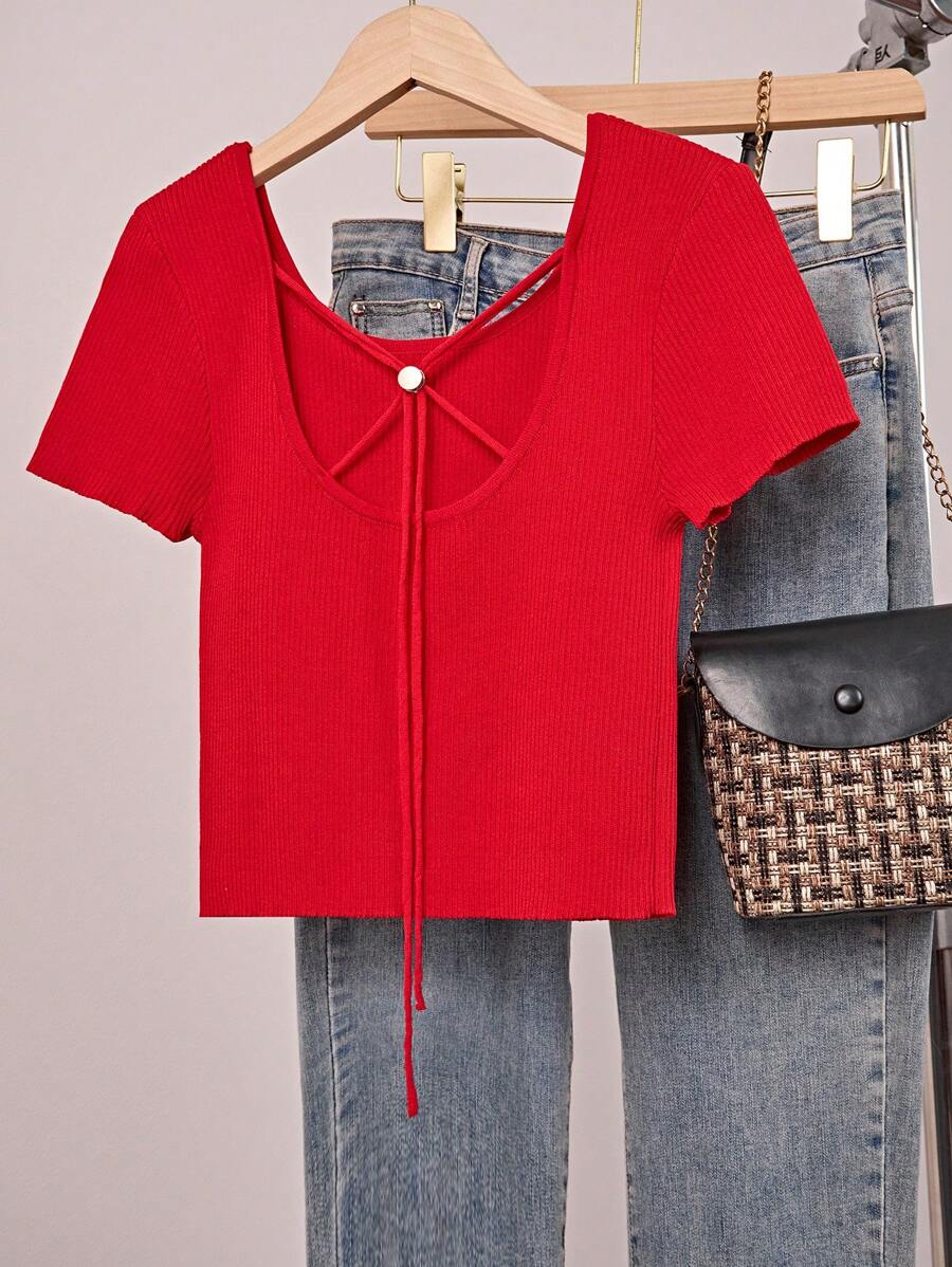 Chiquease Women Crew Neck Hollow Back Drawstring Decoration Button Crop Short Sleeve Knit Top, Spring/Summer