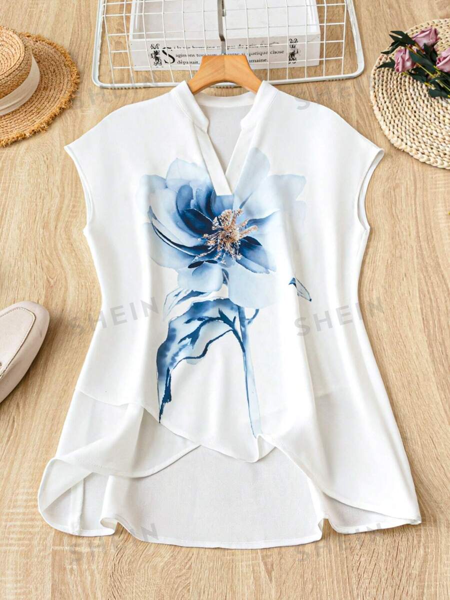 Mulvari Blusa de mujer con estampado floral, escote con muesca y bajo asimétrico para uso casual en vacaciones