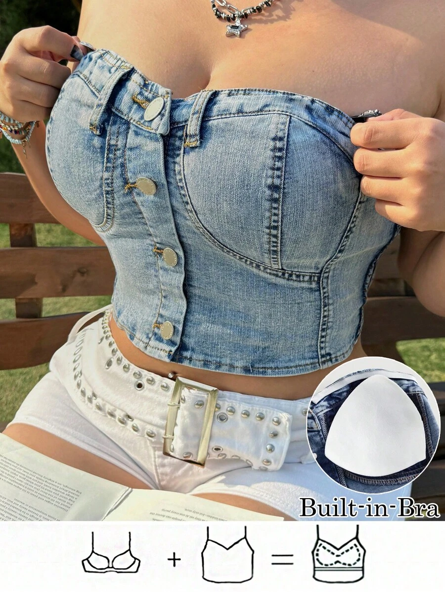 SHEIN MOD Débardeur en jean matelassé grande taille, décontracté ajusté élastique